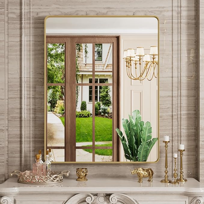 Gold Bathroom Mirror, 28x36 Inch Brushed Gold Metal Frame Mirror - Image 2