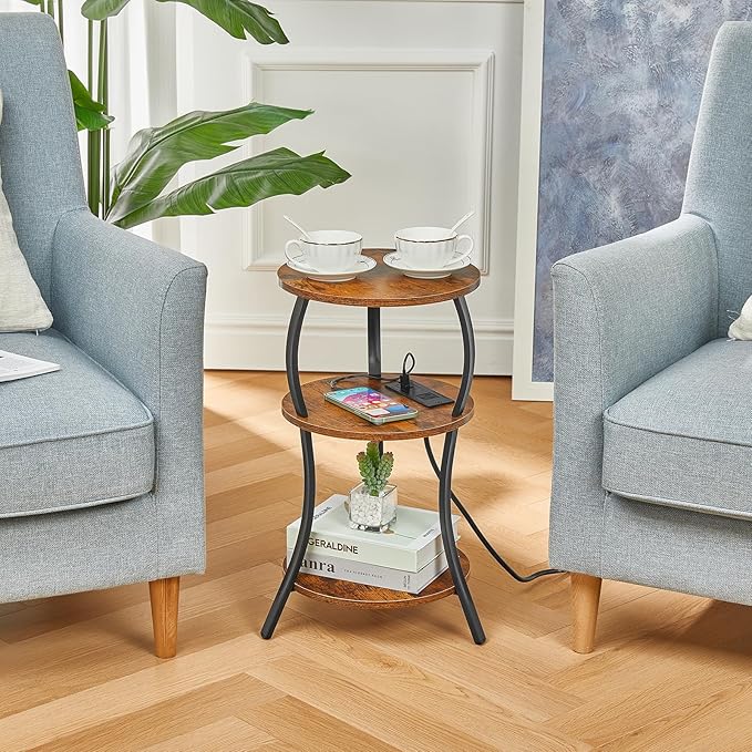Small Round Side Table with Charging Station, 3-Tier Waist Circular End Table - Image 4