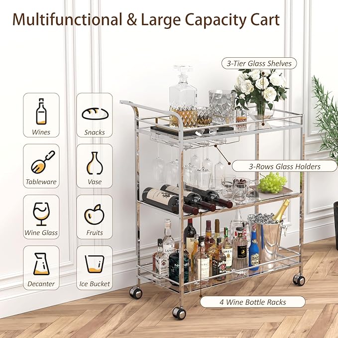 Bar Cart Silver, Home Bar Serving Cart, Modern Bar Cart - Image 4
