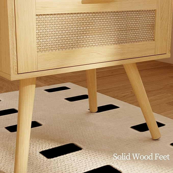 Rattan Nightstand with Charging Station, Farmhouse Bedside Table with 2 Storage - Image 7