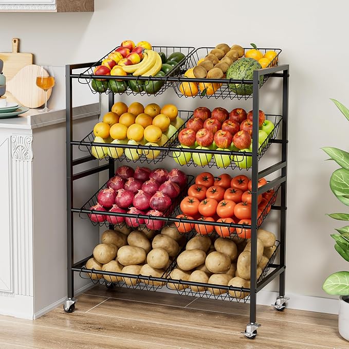 25.2''W Kitchen Storage Cart, Rolling Snack Cart, 4 Tier Fruit Basket Stand - Image 4