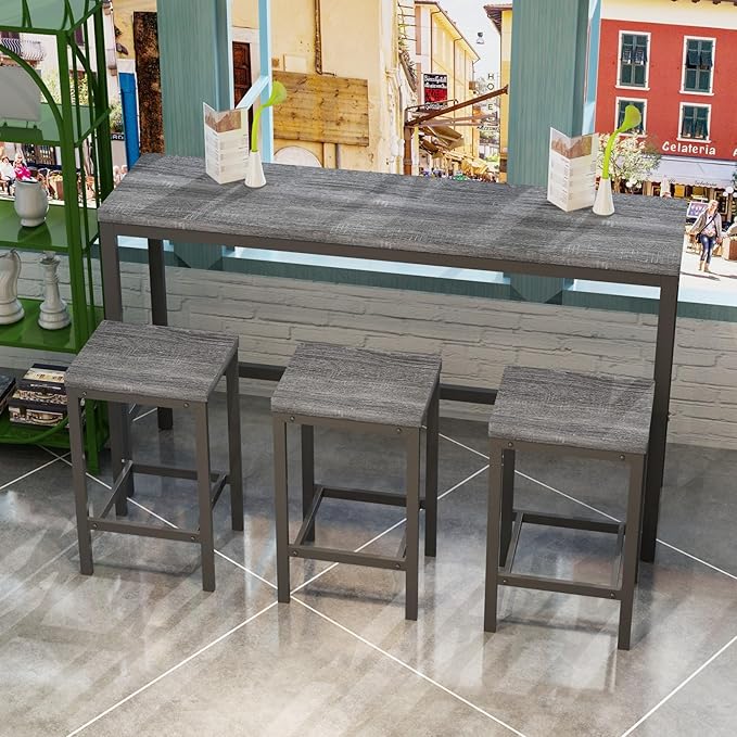 KEIKI 60.24” Long Bar High Top Dining Table and 3 Stools Chairs Set, Wood - Image 5