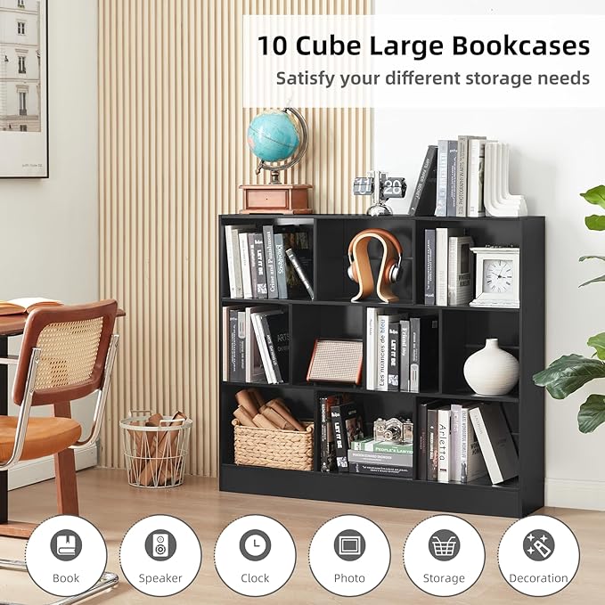 YAHARBO Black Wide Bookshelf, 3 Tier Modern Horizontal Bookcase, Wood Low - Image 3