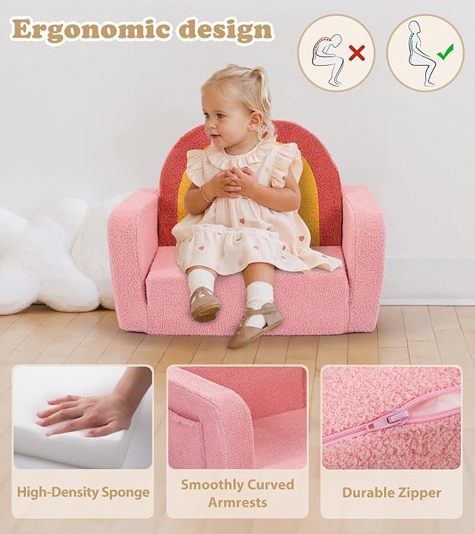 Kids Couch, 2-in-1 Soft Toddler Couch Fold Out - Image 6