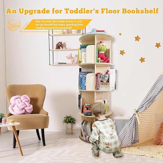 Rotating Bookshelf Kids, 360 Display 4 Tier Spinning Bookshelf Tower Stackable - Image 7