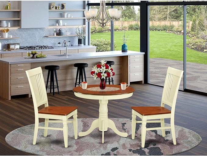 East West Furniture ANWE3-BMK-W 3 Piece Dining Room Table Set Contains a Round - Image 6