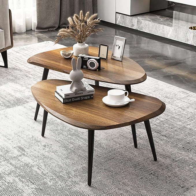Midcentury Nesting Coffee Table Set of 2, Mid Century Modern Walnut Wood Oval - Image 2