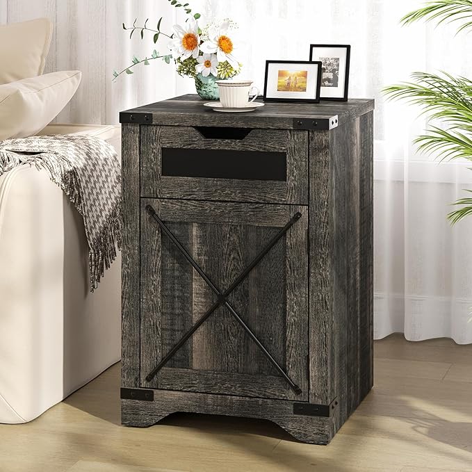 Farmhouse End Table with Charging Station, 26.4" Tall Rustic Nightstand with - Image 7