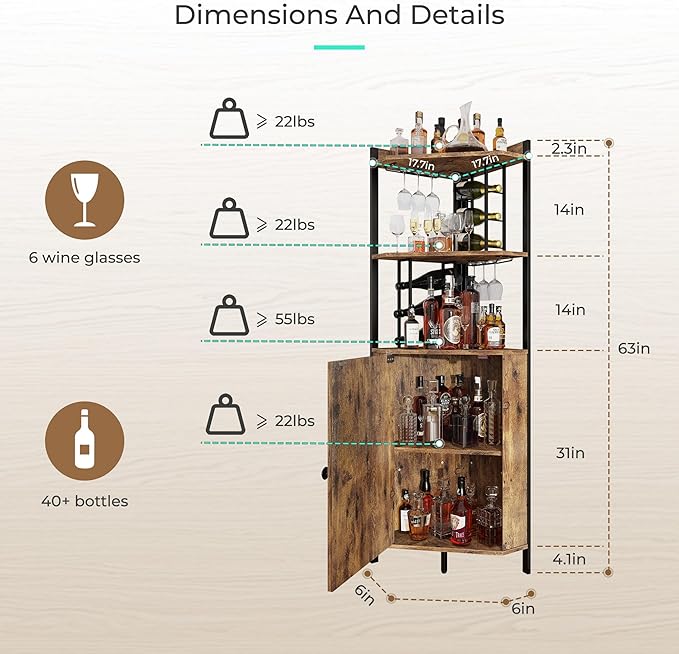 63” Corner Bar Cabinet with Wine Rack, 5-Tier Farmhouse Liquor Cabinet with - Image 2