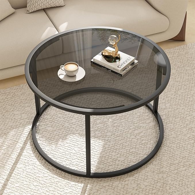 Glass Coffee Table Modern Center Table, Minimalist Round Coffee Tea Table by Easy+Paws