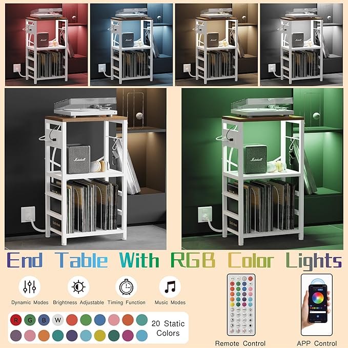 End Table with LED Light, Record Player Stand with Charging Station, Vinyl - Image 5