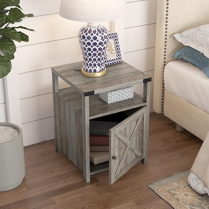 Farmhouse Nightstand with Charging Station, Rustic End Table Bedroom with - Image 2
