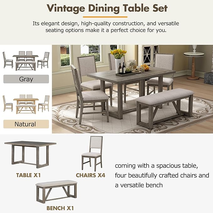 Merax Farmhouse Wooden Dining Set of 6, 59.6 inch Kitchen Table - Image 6