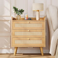 Rattan Nightstand with Charging Station, Night Stand with 3 Large Drawers by MECHYIN