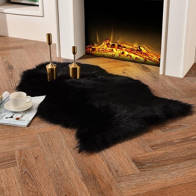 duduta Black Faux Sheepskin Fur Throw Rug 2x3 ft, Fluffy Shag Chair Cover Small by Duduta