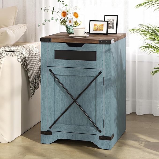 Farmhouse End Table with Charging Station, 26.4" Tall Rustic Nightstand with - Image 7