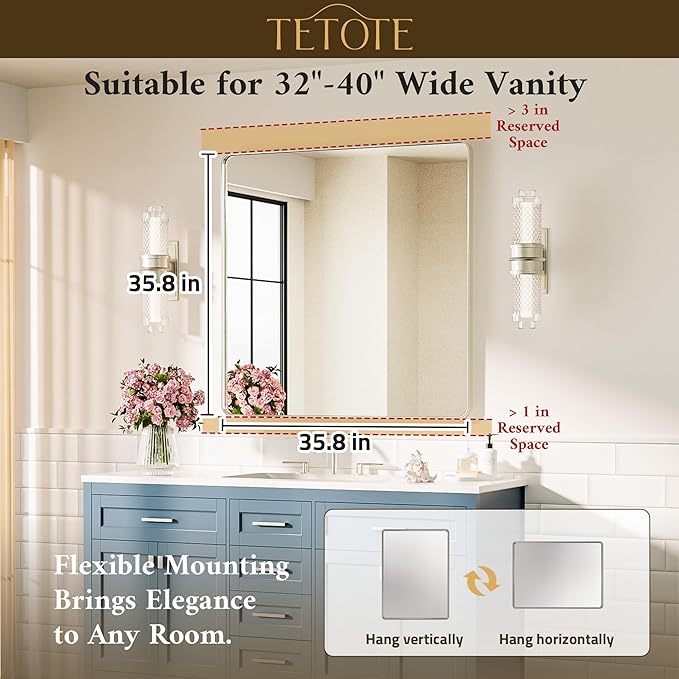 TETOTE 36 x 36 Inch Brushed Nickel Mirror Metal Framed Bathroom Mirror - Image 7