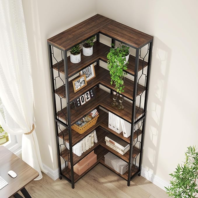 Tribesigns Corner Shelf, 7-Tier Industrial Corner Bookshelf, Wood and Metal - Image 9