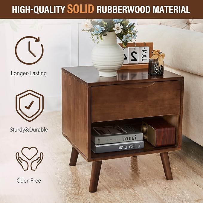CozyDH Nightstand with Drawer and Opening Storage, Solid Wood Modern Bedside - Image 3