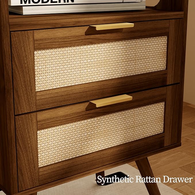 Rattan Nightstand with Charging Station, Farmhouse Bedside Table with 2 Storage - Image 4