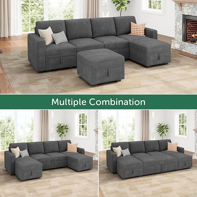 HONBAY Modular Sectional Sleeper Sofa Bed, Corduroy Pull Out Couch - Image 6