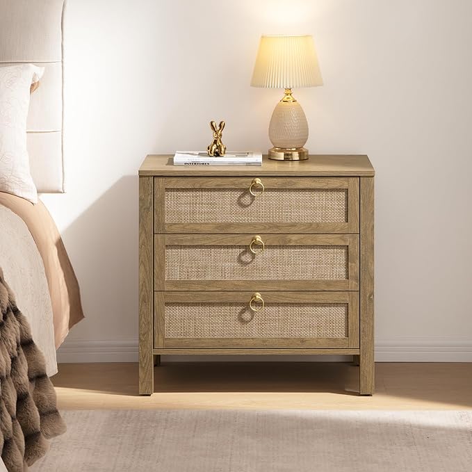 SICOTAS Night Stand with Drawers, Large Rattan Bedside Table with Golden Handle by SICOTAS