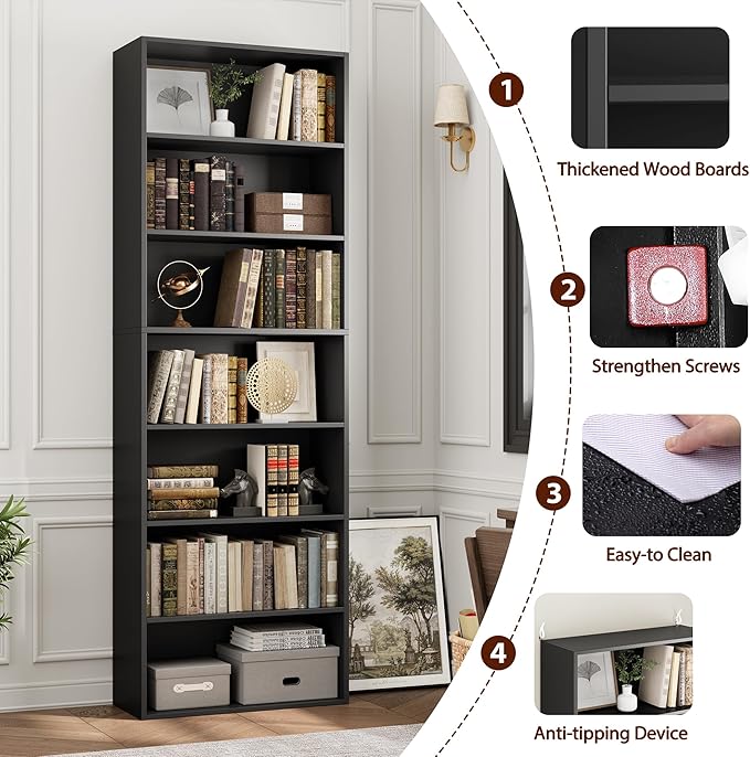 82" Tall Bookshelf, 7-Tier Open Shelves Bookcase, Freestanding Display Storage - Image 6