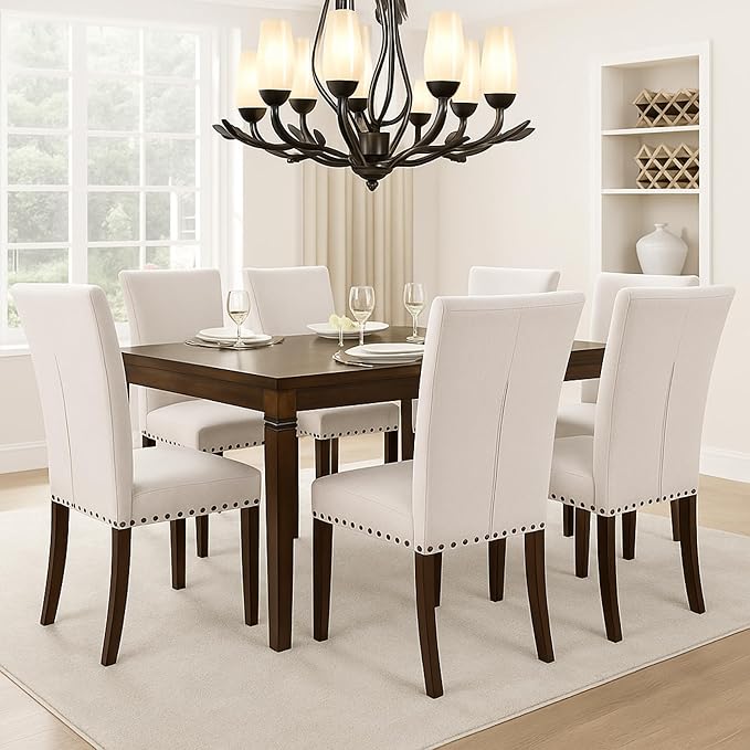 Set of 4 Beige Upholstered Dining Chairs, Farmhouse Kitchen Chairs - Image 9