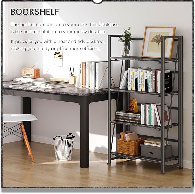 4NM No-Assembly Folding Bookshelf Storage Shelves 4 Tiers Vintage Bookcase - Image 3