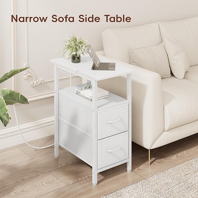 Vagusicc White End Table with Charging Station, Narrow Side Table, 23.8'' Tall - Image 9
