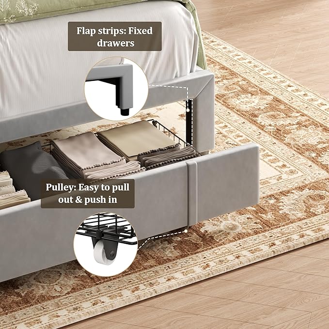 Full Bed Frame with Storage Drawers, Upholstered Platform Bed with Headboard - Image 5