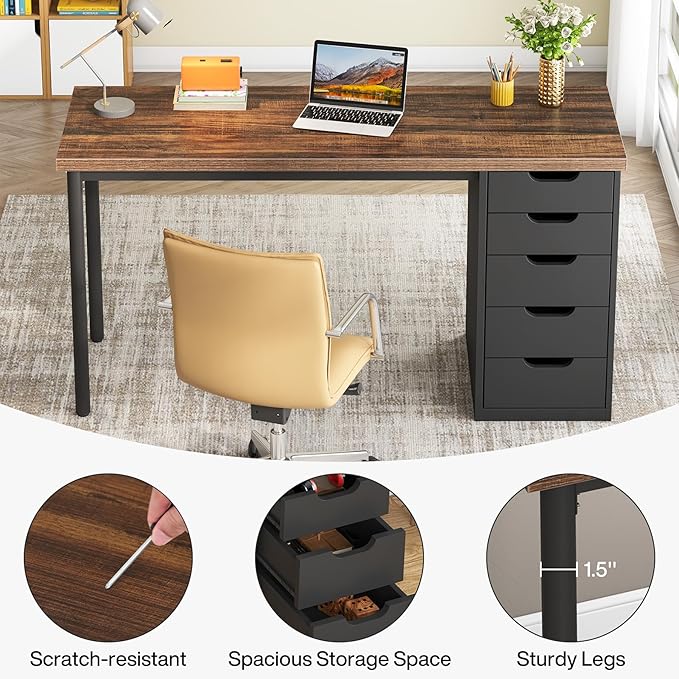 Tribesigns Computer Desk with 5 Drawers, 47 inches Rustic Brown Home Office - Image 9