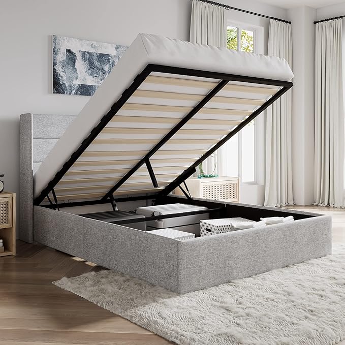 SHA CERLIN Full Size Lift Up Storage Bed/Modern Wingback Headboard/Upholstered by SHACERLIN