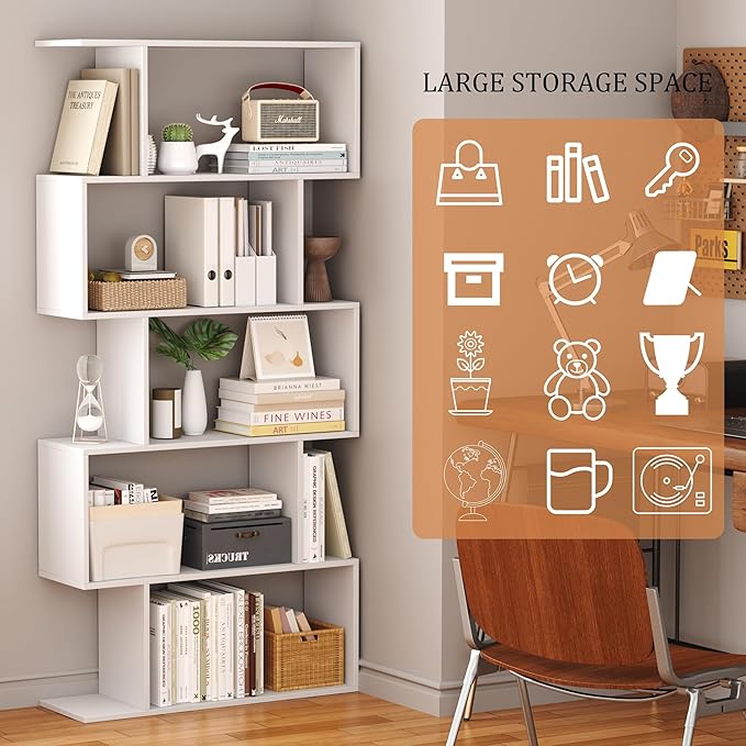 Yusong Bookshelf 5-Tier, Geometric Bookcase S Shaped Book Shelves - Image 6
