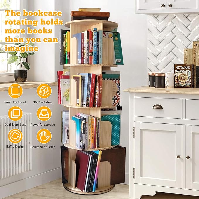 Rotating Bookshelf Kids, 360 Display 4 Tier Spinning Bookshelf Tower Stackable - Image 4