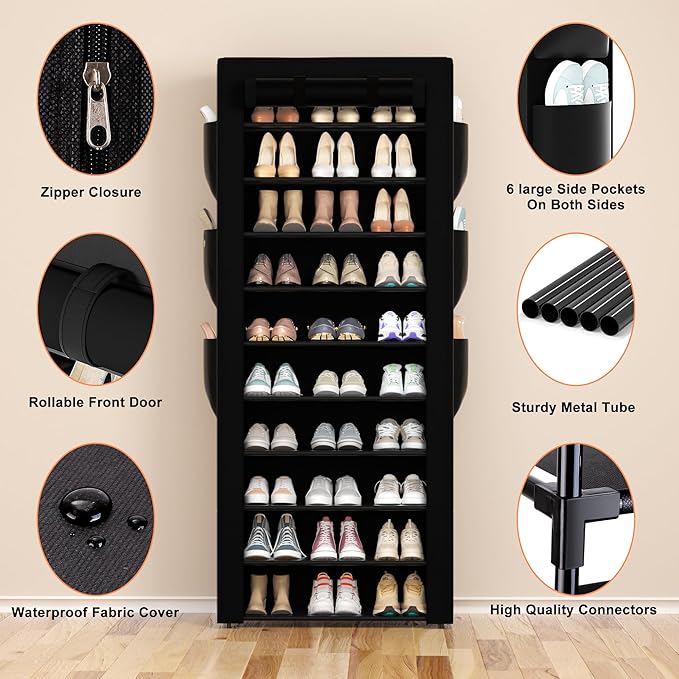 Large Shoe Rack, 6 Side Pockets, 23.6" Wide x 11.4" Deep x 68.9" Tall, 36-41 - Image 8