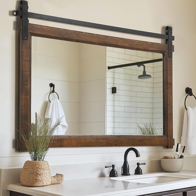 Bathroom Barn Door Mirror: 42"x28" Brown Farmhouse Wood Frame - Image 2