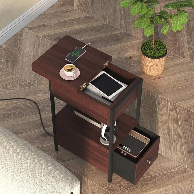 SOOWERY End Table with Charging Station, Narrow Side Table with Flip Top - Image 4