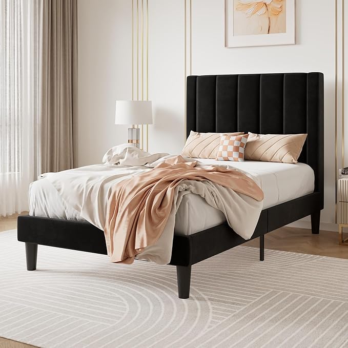 SHA CERLIN Twin Bed Frame/Velvet Upholstered Platform Bed Frame - Image 3