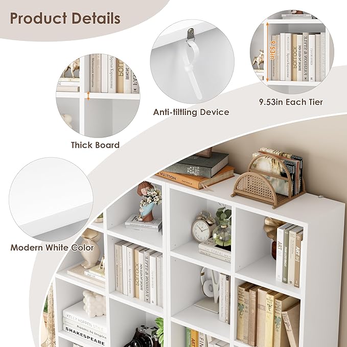 FOTOSOK 71'' White Bookshelf, Double Wide Media Tower Rack CD DVD Rack Display - Image 6