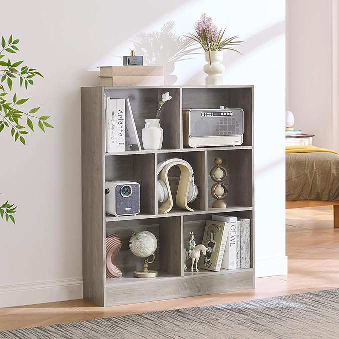 LEYAOYAO 7 Cube Bookshelf with Base, 3 Tier Mid-Century Modern Grey Bookcase - Image 6