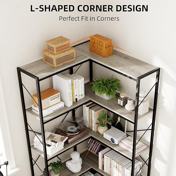 Shintenchi 5 Tier Corner Bookshelf, L Shaped Bookcase, Large Etagere Bookcase - Image 4