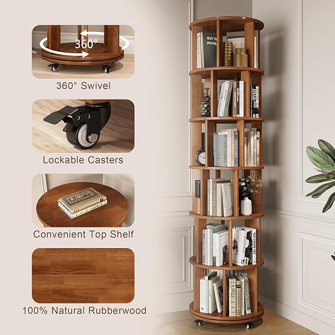 6 Tier Bookshelf Tower, 360° Solid Wood Spinning Bookcase - Image 5