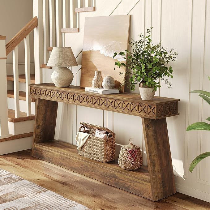 LITTLE TREE 70.87" Long Farmhouse Console Table, 2-Tier Shelf Narrow Accent - Image 6
