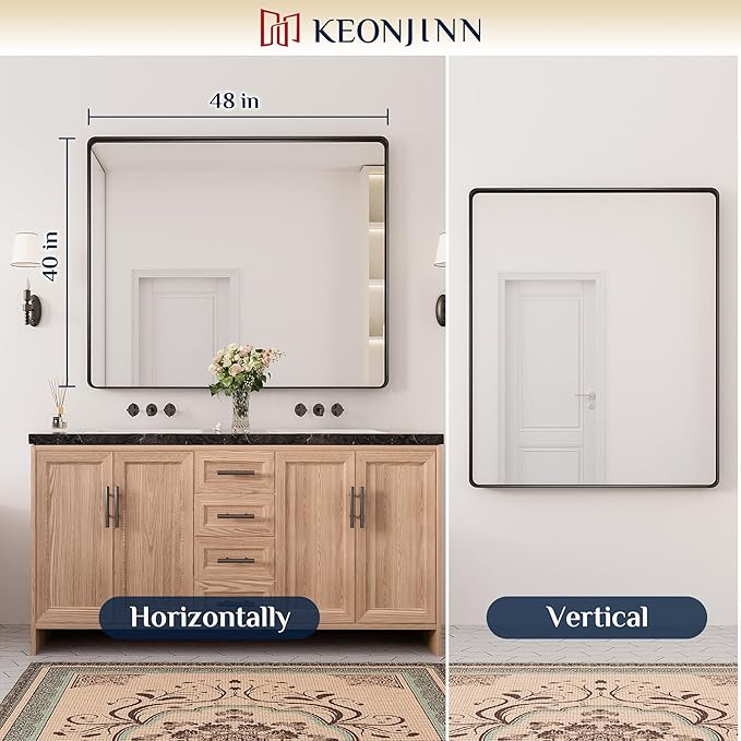 Keonjinn Black Framed Mirrors for Bathroom 48” x 40” Large Rounded Rectangle - Image 8