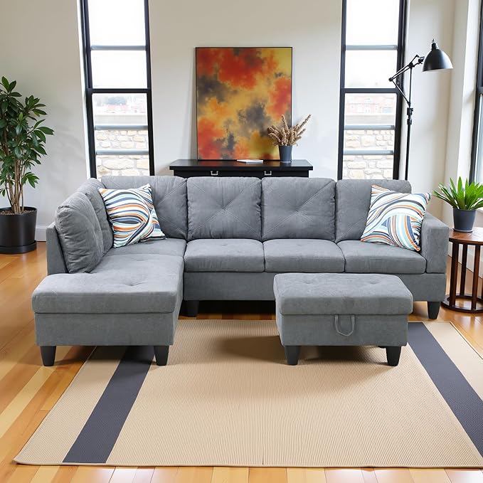 L Shaped Couch Modern Sectional Couch Upholstered Flannelette Fabric 3 Pieces by LynginsCreativeLife