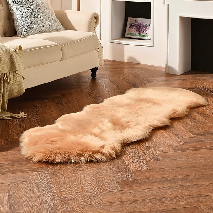 duduta Beige Faux Sheepskin Runner Rugs 2x6 ft, Fluffy Shag Bedroom Rug Fur - Image 6