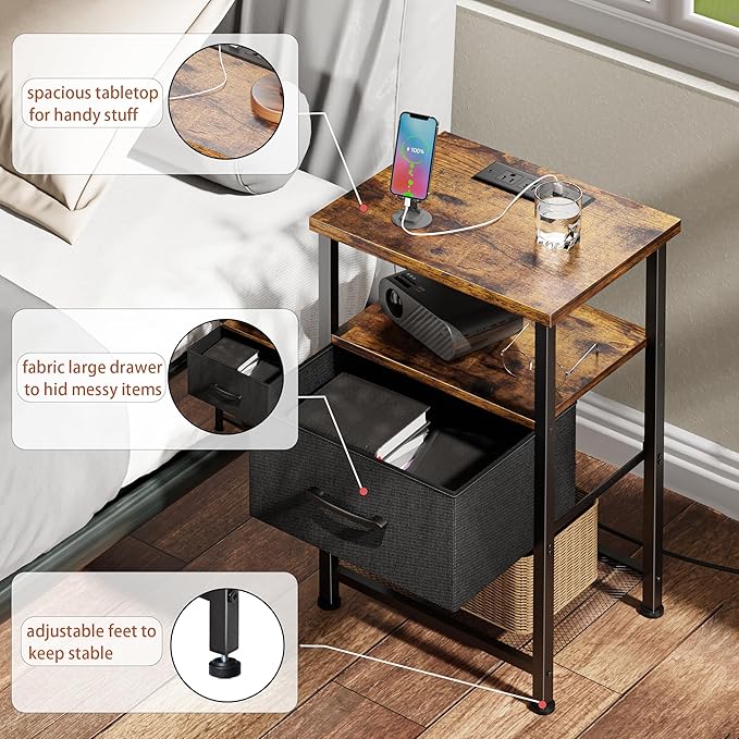 Nightstands Set of 2 with Charging Station and Drawer, End Table Bedside Table - Image 10