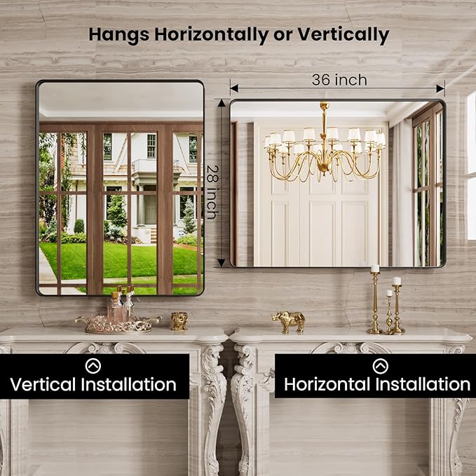 Black Bathroom Mirror 28X36 Inch, Rounded Rectangle Matte Bathroom Vanity Mirror - Image 3