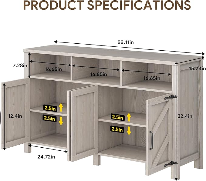 Buffet Cabinet with Storage Farmhouse with 4 Doors, Dining Room - Image 2
